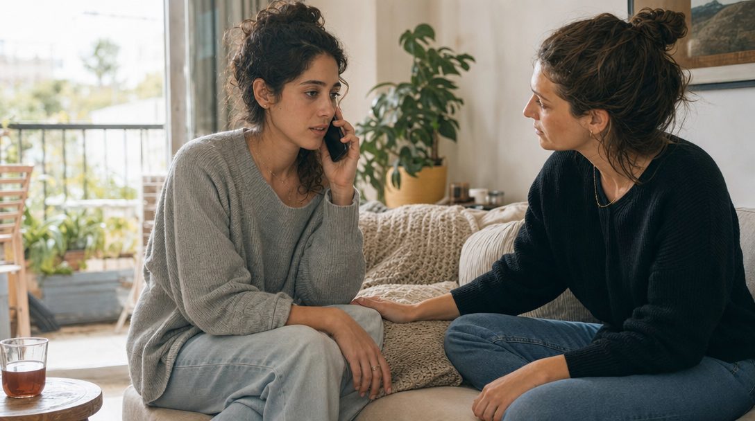 אישה צעירה יושבת על ספה בסלון מואר ומדברת בטלפון, חברה יושבת לידה ומקשיבה