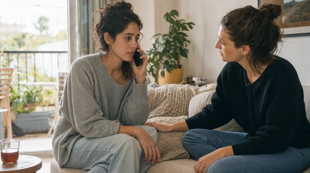 אישה צעירה יושבת על ספה בסלון מואר ומדברת בטלפון, חברה יושבת לידה ומקשיבה