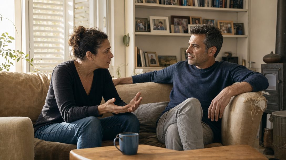 אם ואב יושבים זה מול זה על ספה בסלון ומנסים לדבר, שפת גוף שונה אצל כל אחד