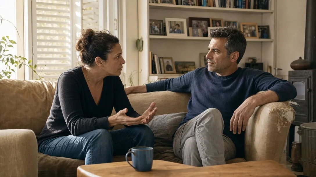 אם ואב יושבים זה מול זה על ספה בסלון ומנסים לדבר, שפת גוף שונה אצל כל אחד