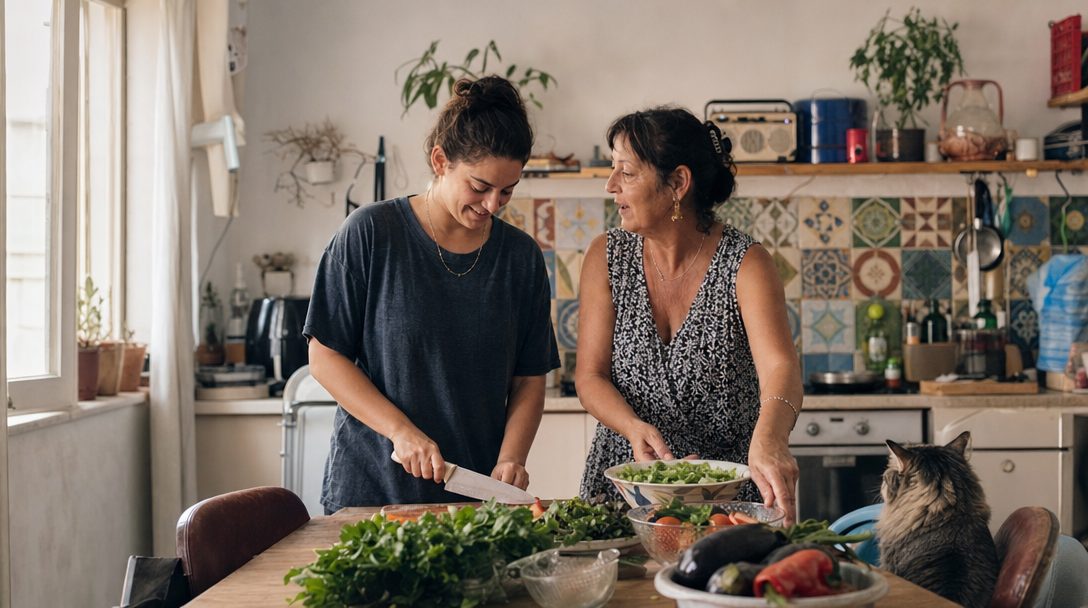 אם ובתה הבוגרת מכינות יחד ארוחה במטבח ביתי אחרי חזרה הביתה