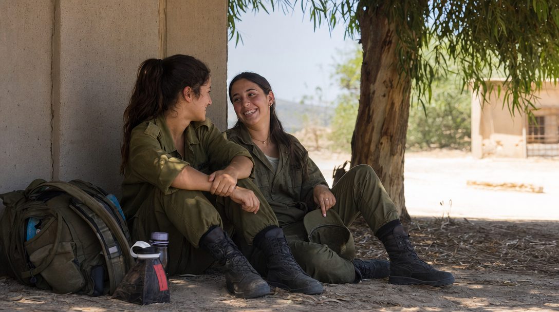 שתי חיילות צעירות יושבות יחד בצל ומדברות בהפסקה באמצע היום