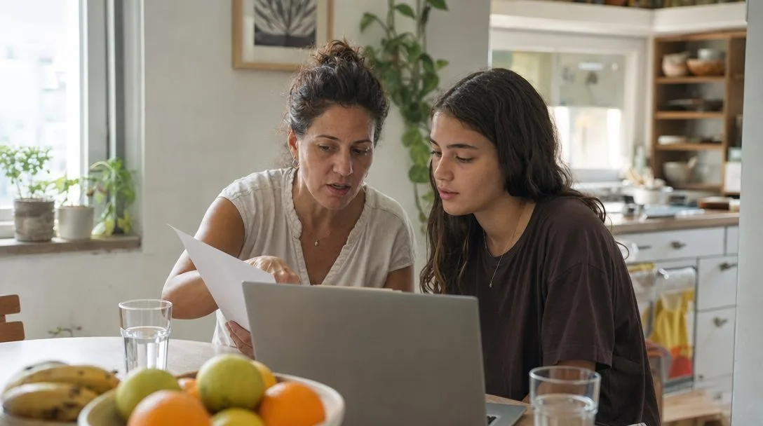 אם ובתה המתבגרת יושבות יחד ליד שולחן המטבח ובודקות במחשב את הזכויות בקופת החולים